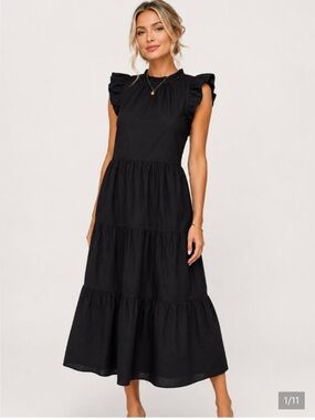 J. CREW  Black Tiered Ruffle Sleeve Cotton Poplin Midi Dress